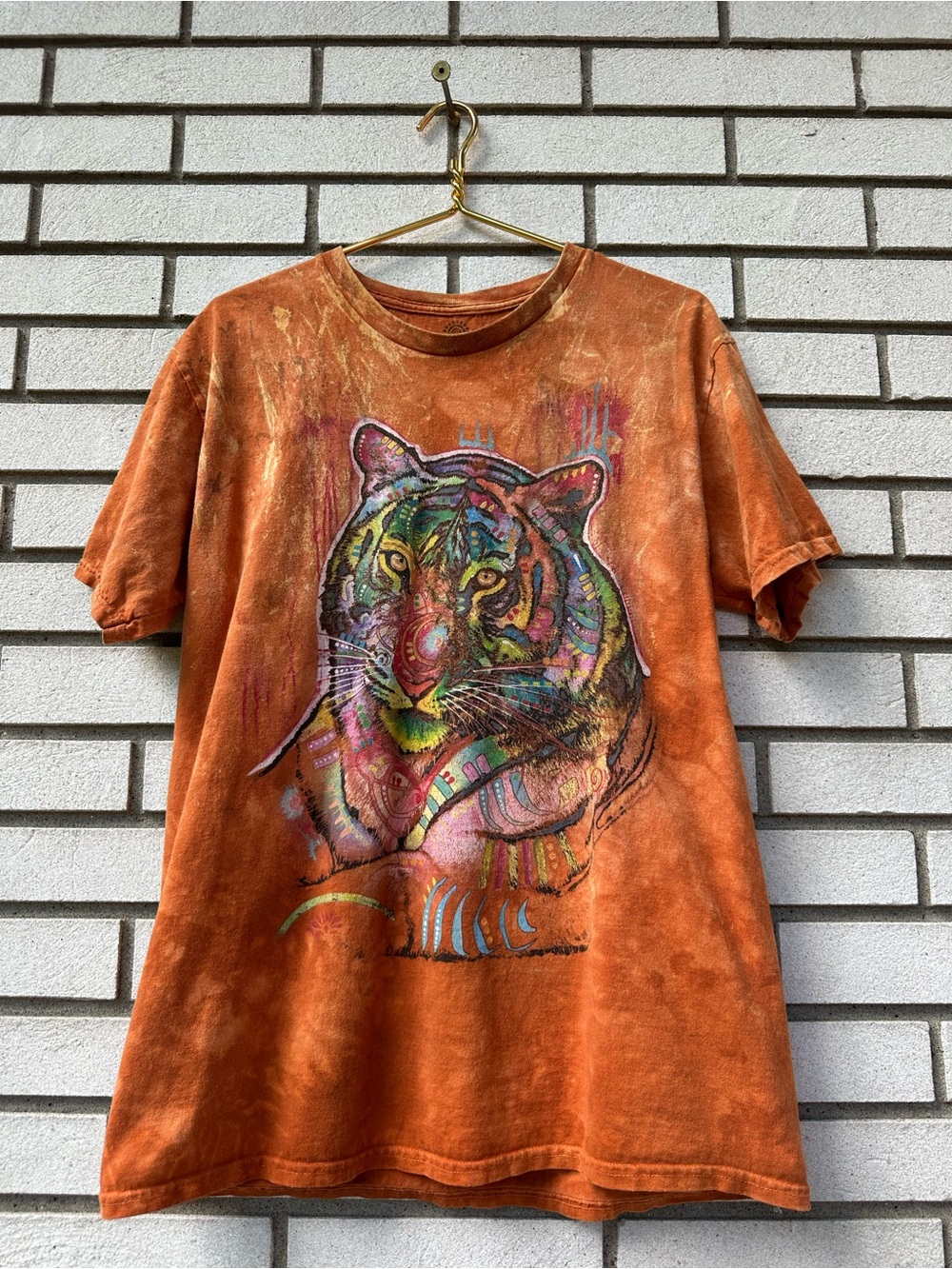 The Mountain L Tiger Graphic Tee Rust Orange Mineral Wash Psychedelic Art Tee